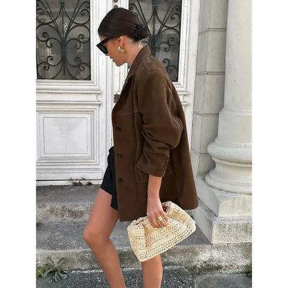 Vintage Lapel Pocket Suede Leather Jacket Women Fashion Loose Single Button Oversize Brown Coats Female Street Chic Clothes