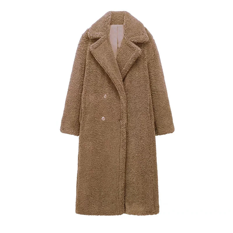 Thicken Warm Outwear Women Furry Double Breasted Loose Turn-down Collar Casual Long Coat Female Winter Chic Jackets