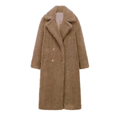 Thicken Warm Outwear Women Furry Double Breasted Loose Turn-down Collar Casual Long Coat Female Winter Chic Jackets
