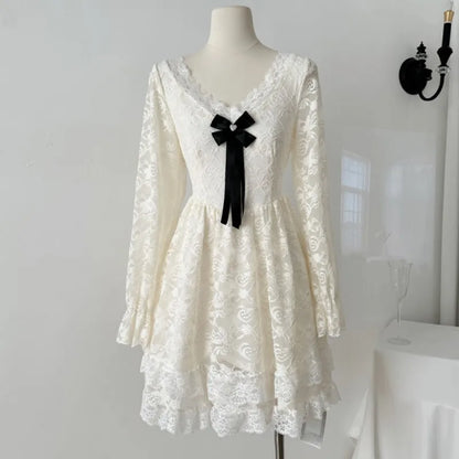 Elegant Lace Mini Dresses Women V-neck Long Sleeve Ruffles A-line Autumn New Sweet Korean Fashion Party Dress Female Vestidos