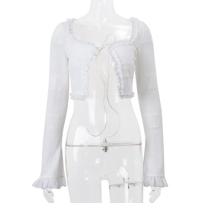 Voguable  Y2K Ruffle Tiered Mini Skirts Co-ord Sets Elegant Outfits Tie Front Tops and Skirt 2 Piece Matching Sets