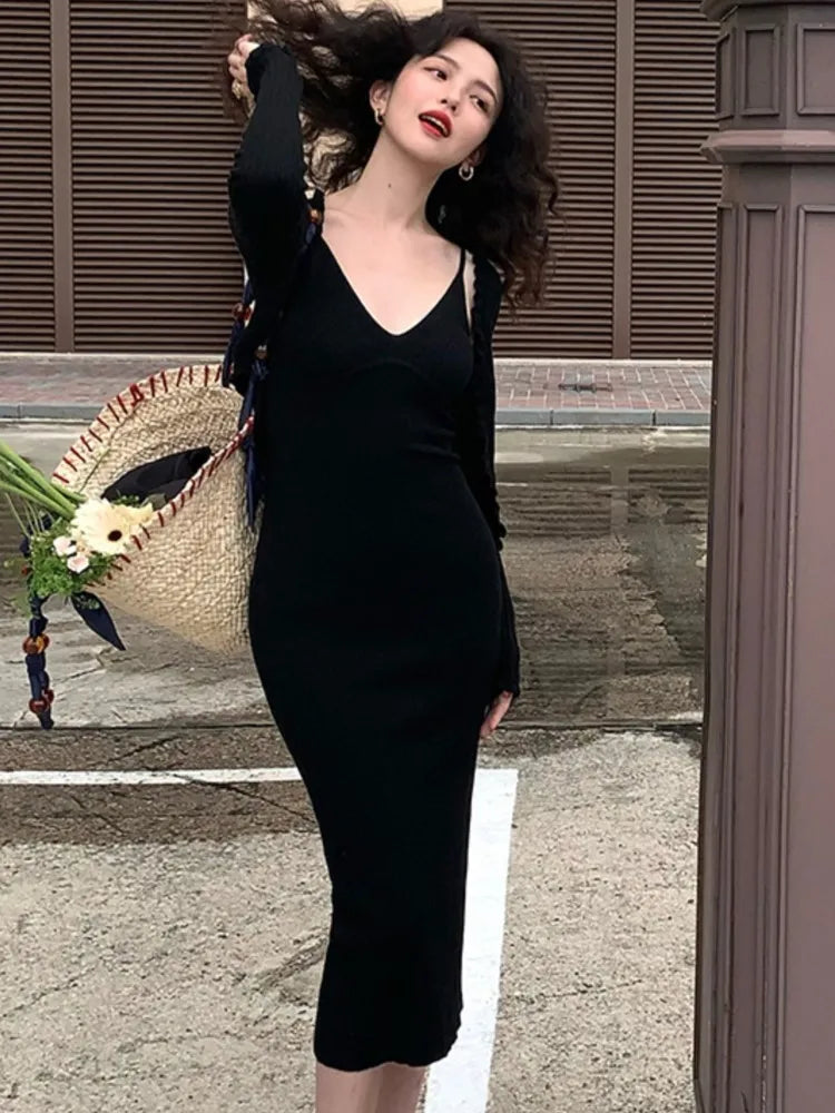 Vintage Chic Knitted 2-piece Dress Set Women Crop Cardigan V-neck Spaghetti Strap Bodycon Midi Dress Autumn New Female Clothing