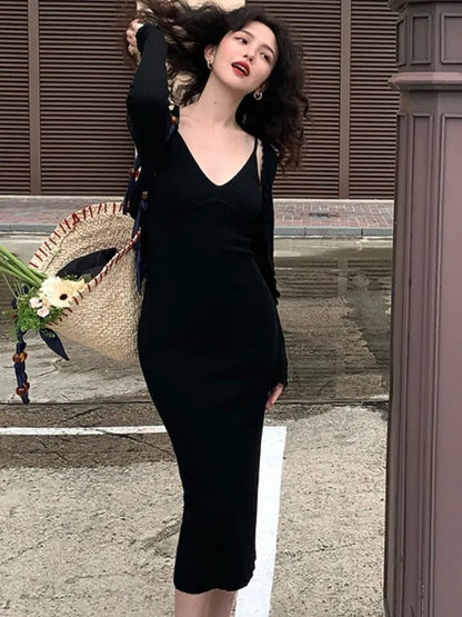 Vintage Chic Knitted 2-piece Dress Set Women Crop Cardigan V-neck Spaghetti Strap Bodycon Midi Dress Autumn New Female Clothing