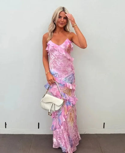 Colorful Spaghetti Strap Printed Midi Dress