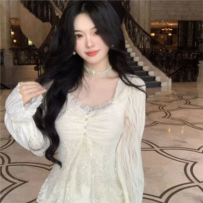 Autumn Winter New Elegant Midi Dresses for Women Lace Ruffles Flare Sleeve A-line Birthday Party Dress Korean Vestidos Mujer