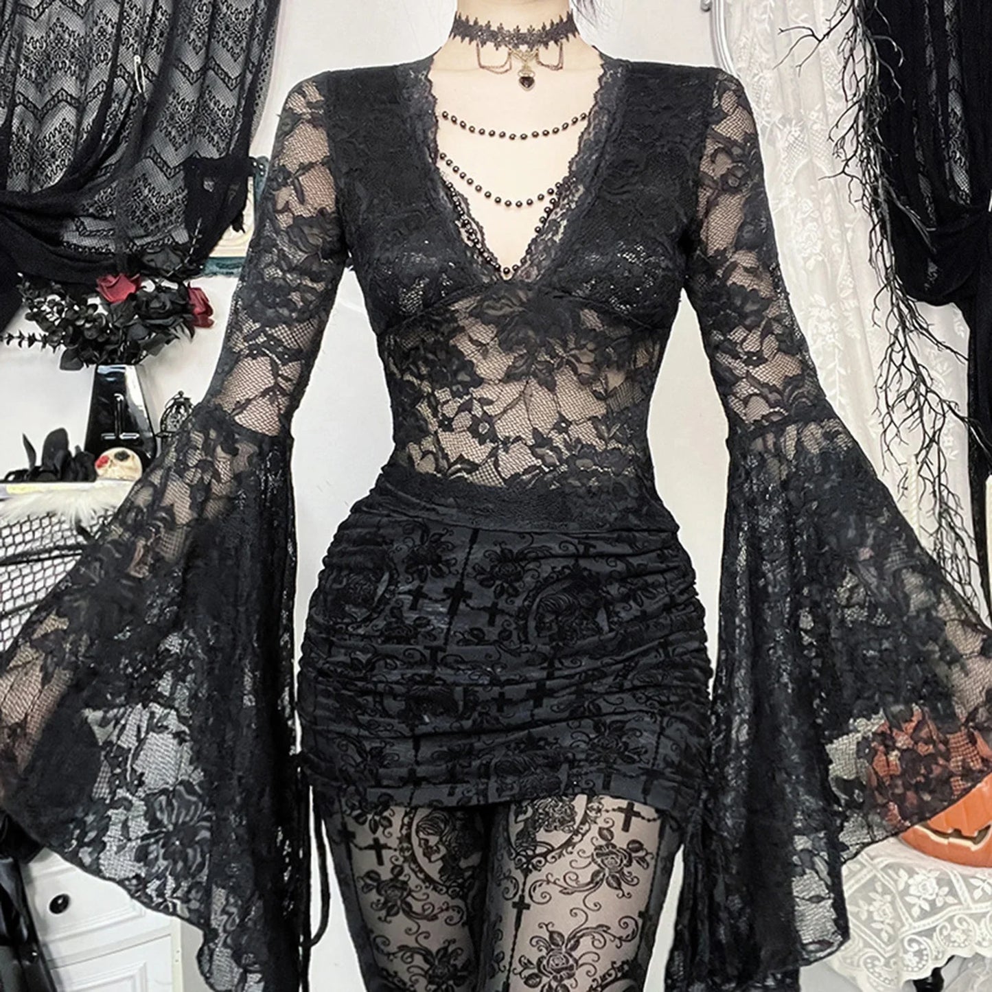 Lace Flare Sleeve Mesh Top