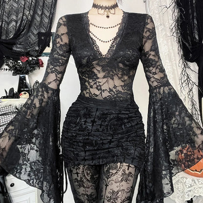 Lace Flare Sleeve Mesh Top