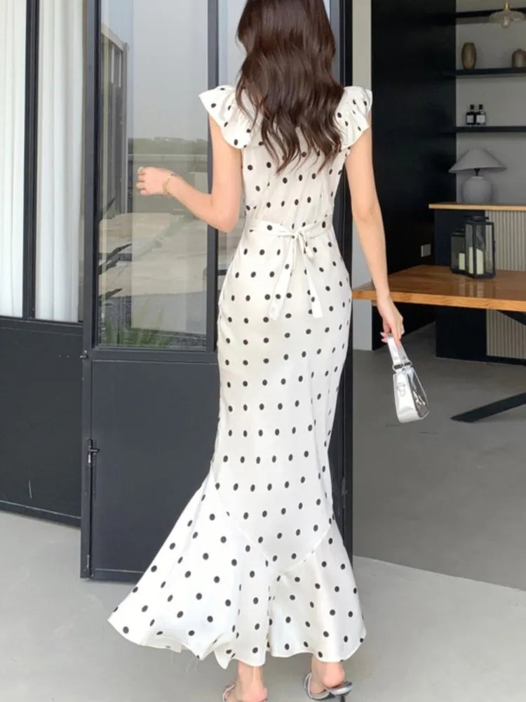 Elegant Bodycon Dot Midi Dresses for Women Ruffles V-neck Sleeveless Slim Mermaid Evening Party Dress Prom Robe Vestidos Mujer