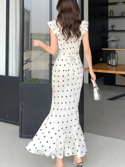 Elegant Bodycon Dot Midi Dresses for Women Ruffles V-neck Sleeveless Slim Mermaid Evening Party Dress Prom Robe Vestidos Mujer