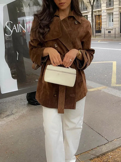Autumn Fashion Lace Up Lapel Collar Suede Jacket Women Retro Double Breasted Long Sleeve Coat Lady Vintage Chic Windbreaker