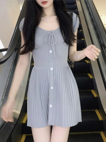 Sexy Knitted Dresses for Women V-neck A-Line Pleated Mini Dress Korean Fashion Solid Autumn Knitting One Piece Vestido Mujer New