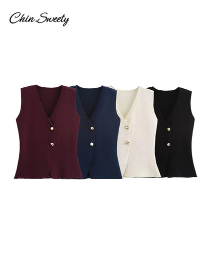 Fashion Single Breasted Knitted Vest Top Women Wine Red V-Neck Sleeveless Sweater Tank Female  Autumn Chic Lady Knitwear New
