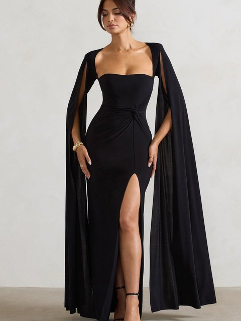 Elegant Bodycon High Slit Long Sleeved Shawl Women Dress Elasticity Tight Sexy Party Club Evening Dress Female Vestido