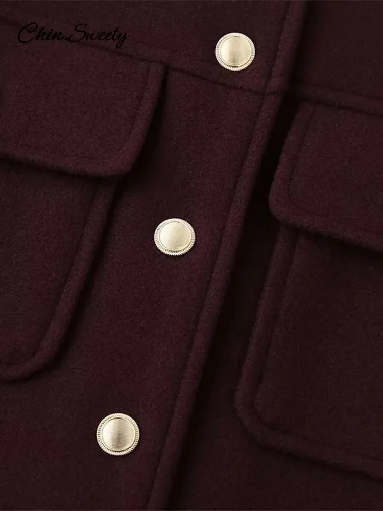 Burgundy Color Woolen Jacket For Women Stand Collar Single Breasted Pocket Thick Short Coat  Autumn Lady Commute Outwear New