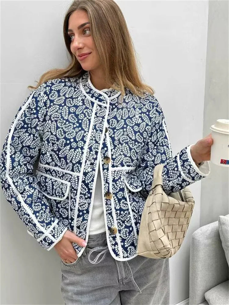 Fashion Printed Patchwork Jackets Female Contrast Loose Long Sleeve Autumn  Pocket High Street Coat Women’s Cardigan