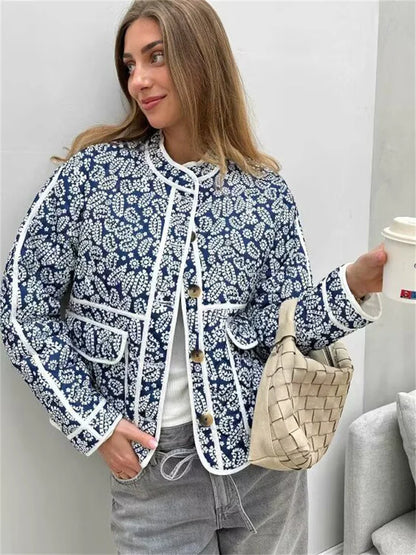 Fashion Printed Patchwork Jackets Female Contrast Loose Long Sleeve Autumn  Pocket High Street Coat Women’s Cardigan