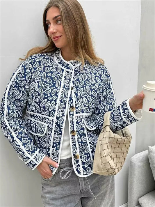 Fashion Printed Patchwork Jackets Female Contrast Loose Long Sleeve Autumn  Pocket High Street Coat Women’s Cardigan