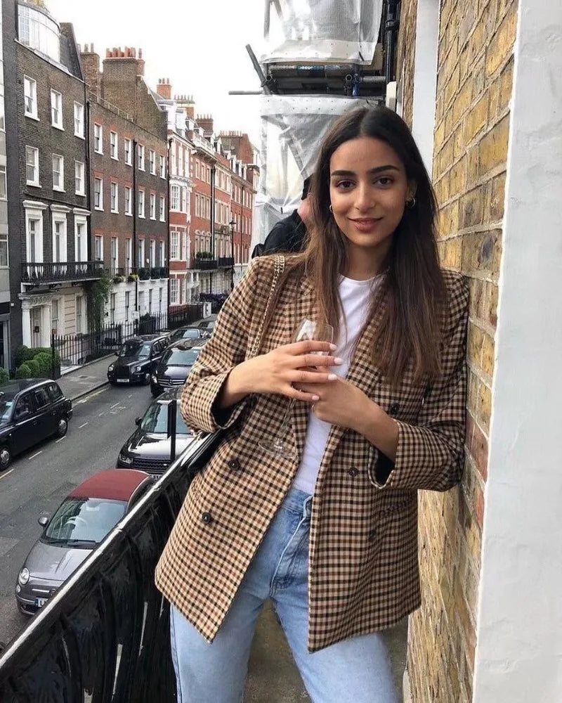British Style Retro Plaid Blazer Suit Women Simple Mid Length Double Breasted Casual Office Blazers Lady Work Commute Suit