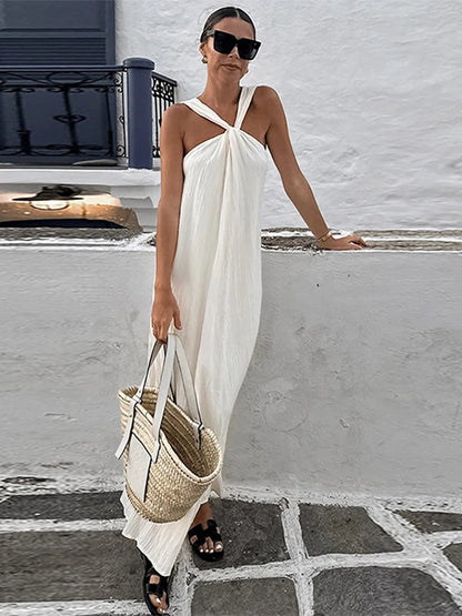 Elegant Solid Halter Women Long Dress Sleeveless Backless Female Maxi Dress  Spring Summer New Fashion Lady High Street Robe
