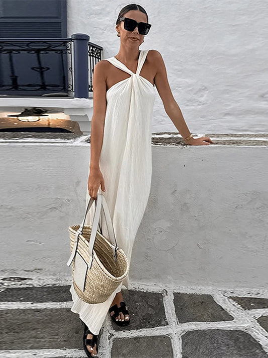 Elegant Solid Halter Women Long Dress Sleeveless Backless Female Maxi Dress  Spring Summer New Fashion Lady High Street Robe