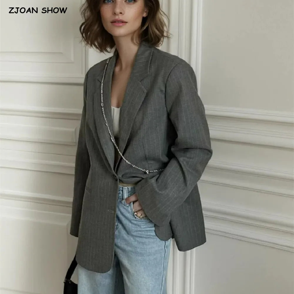 Chill Gray Striped Removable Flare Cuff Blazer Boyfriend Vintage Women Notched Collar Loose Suit Fashion Coat Black