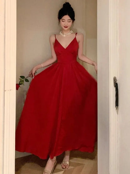 Sexy Spaghetti Strap Evening Party Dress V-neck A-line Solid Vintage Long Dresses for Women Wedding Prom Robe One Piece Vestidos