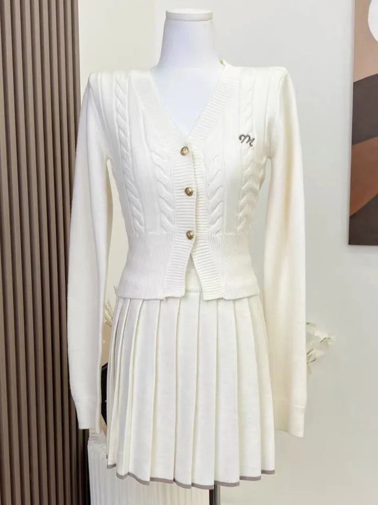 Autumn Knitted Two Piece Skirt Set Women Long Sleeve Single Breasted V-neck Top Mini Pleated Skirt Korean Chic Female Outfit New