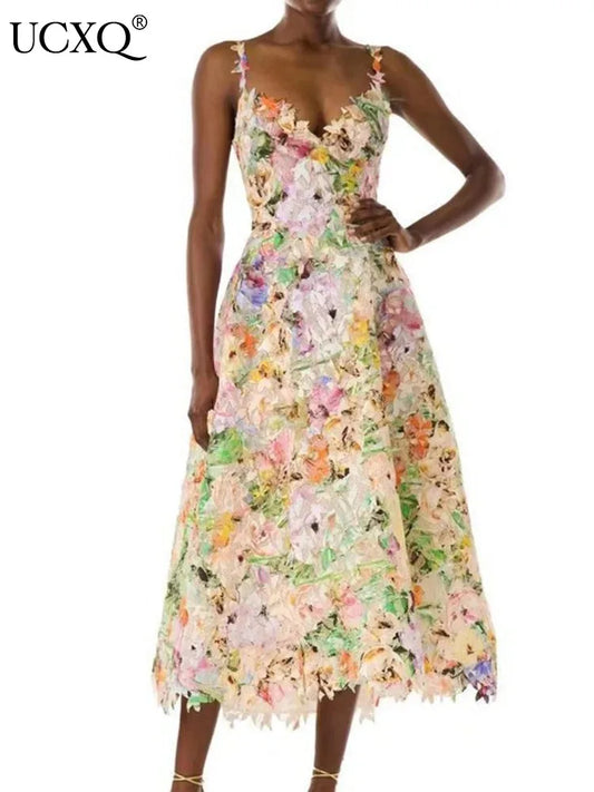 Elegant Long Dress Hotsweet Print Slash Collar 3D Flower Hollowed Out Fashion Camisole Dresses Women 2025 Spring Summer 959