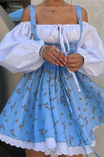 Lace Patchwork Square Collar Mini Dress