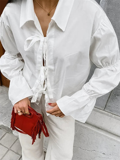 Chiffon Lace-Up Hollow Out Shirts Women’s Lapel Patchwork Bandage Long Sleeve Fashion Blouse Top Female White Outwear