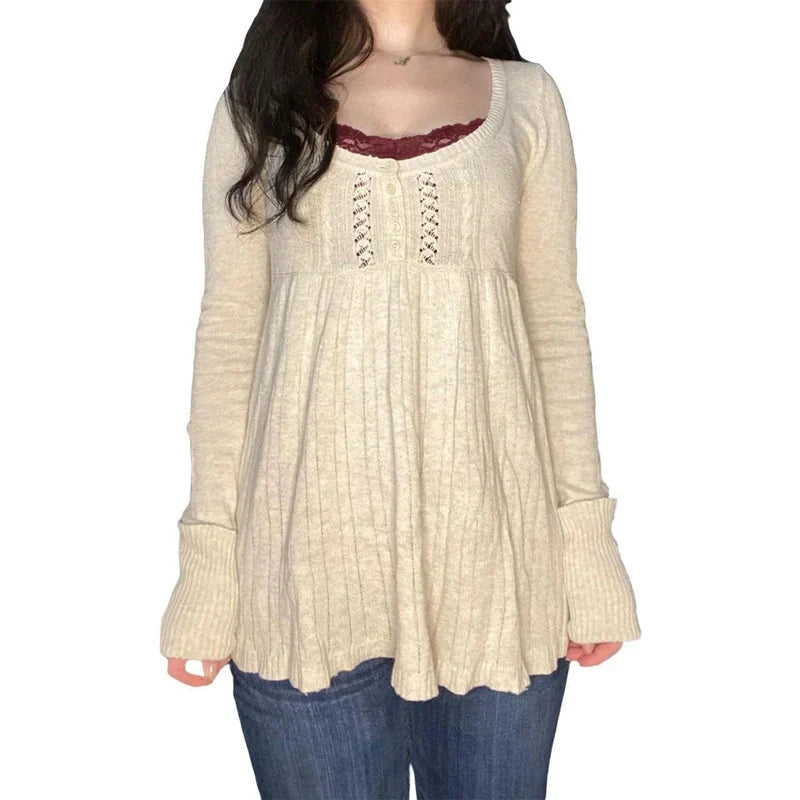 Vintage Babydoll Tops Pullovers Lady Aesthetic Coquette Knit Sweaters Outfit Square Neck Long Sleeve Knitwear Jumpers Y2k