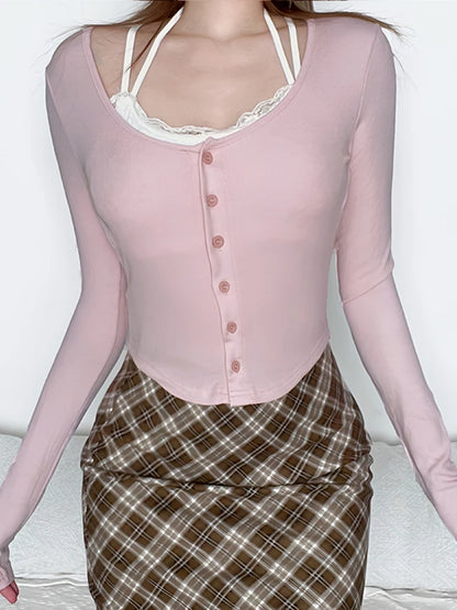 Sweet Y2K Pink Slim Long Sleeve Cropped Button T-Shirt Women Contrast Lace Patchwork Halter Tie Cute Kawaii Balletcore Clothes