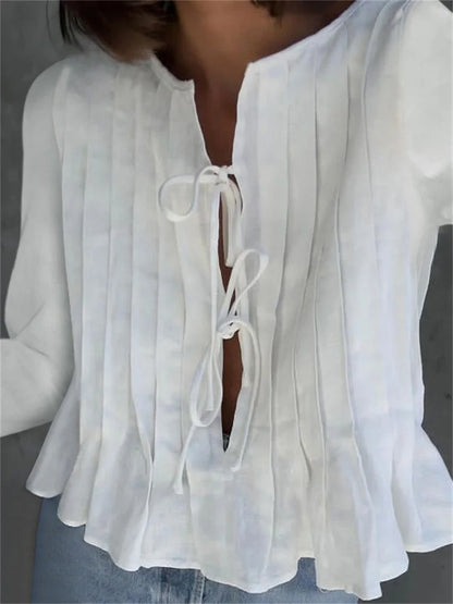Patchwork Fashion Lace-Up Shirts Top For Women Hollow Out Casual Bandage Solid Elegant Long Sleeve Top Female Cropped Tee