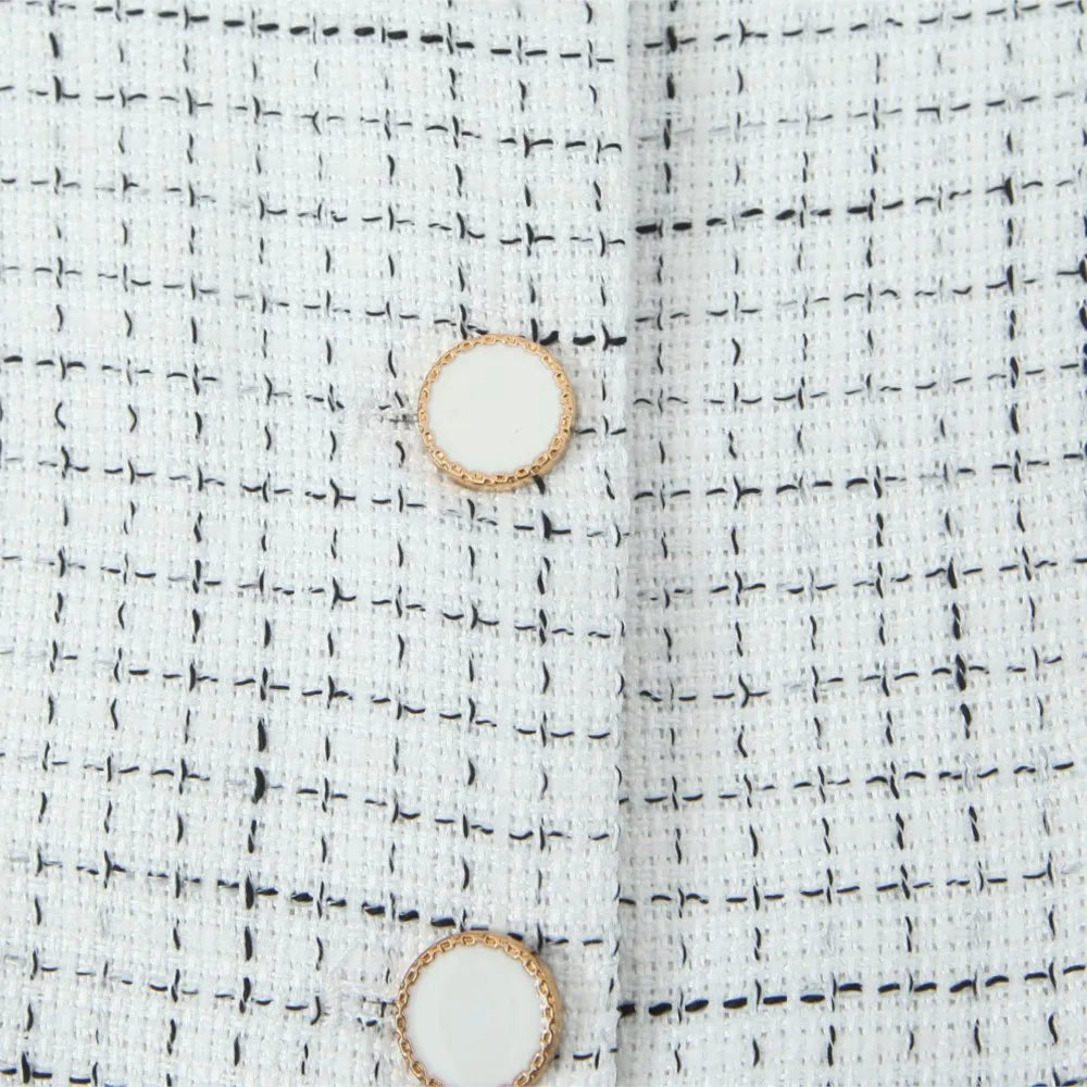French Style Retro V collar Plaid Woven Tweed Blazer + High Waist Mini Short Skirts Suits 2 pieces 1 Set Black White