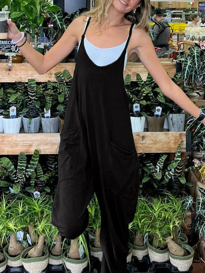 Solid Hippie Baggy Pockets Strappy Rompers Womens Jumpsuits Casual Streetwear
