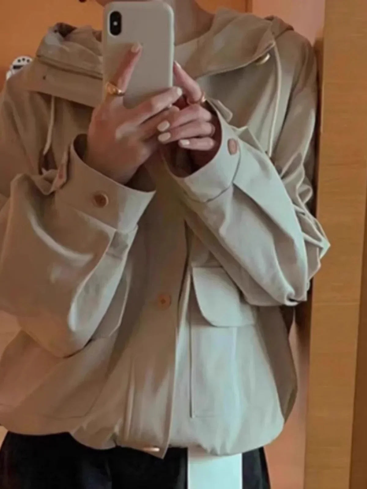 Chic Korean sle Design Hem Drawstring Cargo Wind Pocket Hood Trench coat Jacket Clothing Y2K Tops