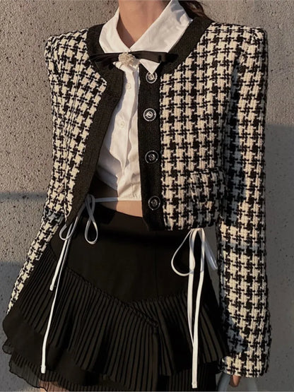 Elegant Cropped Jacket Women French Vintage Single Breasted Long Sleeve O-neck Top Autumn Y2k All-match Houndstooth Coats New