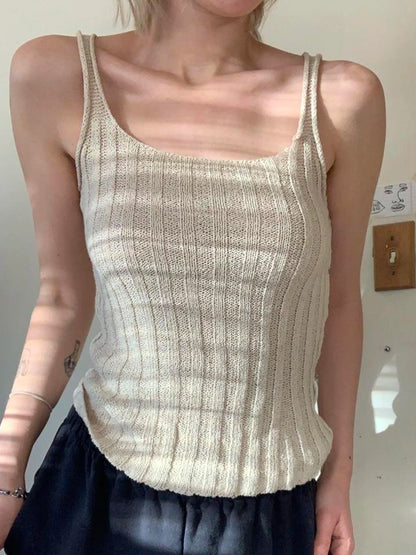 Sleeveless Solid Minimalist Knitted Vest Female Summer Boho Camisole Simple Basic Elegant Tank Top Shirts