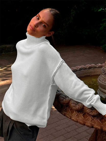 Winter Knit Turtleneck Pullover Female Clothes Loose Casual Ribbed Patchwork Long Sleeve Oversized Sweater Women Knitwear