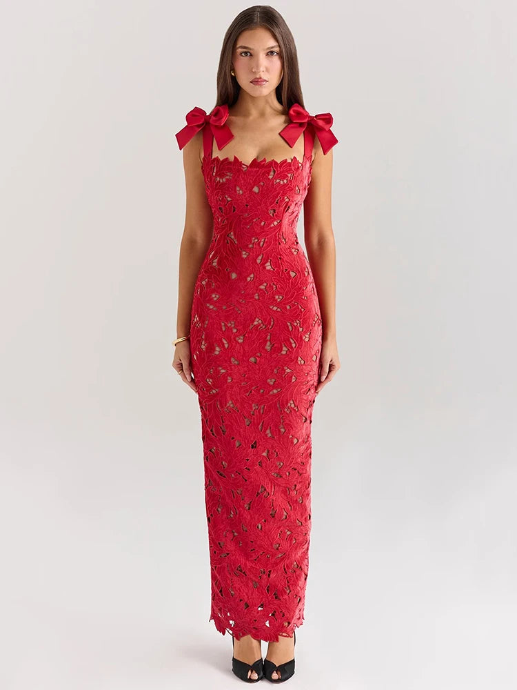 Bows Lace Sexy Maxi Dress For Women Fashion Sleeveless Backless Bodycon New Year’s Birthday Club Party Long Dress