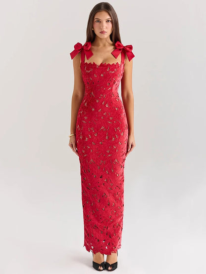 Bows Lace Sexy Maxi Dress For Women Fashion Sleeveless Backless Bodycon New Year’s Birthday Club Party Long Dress