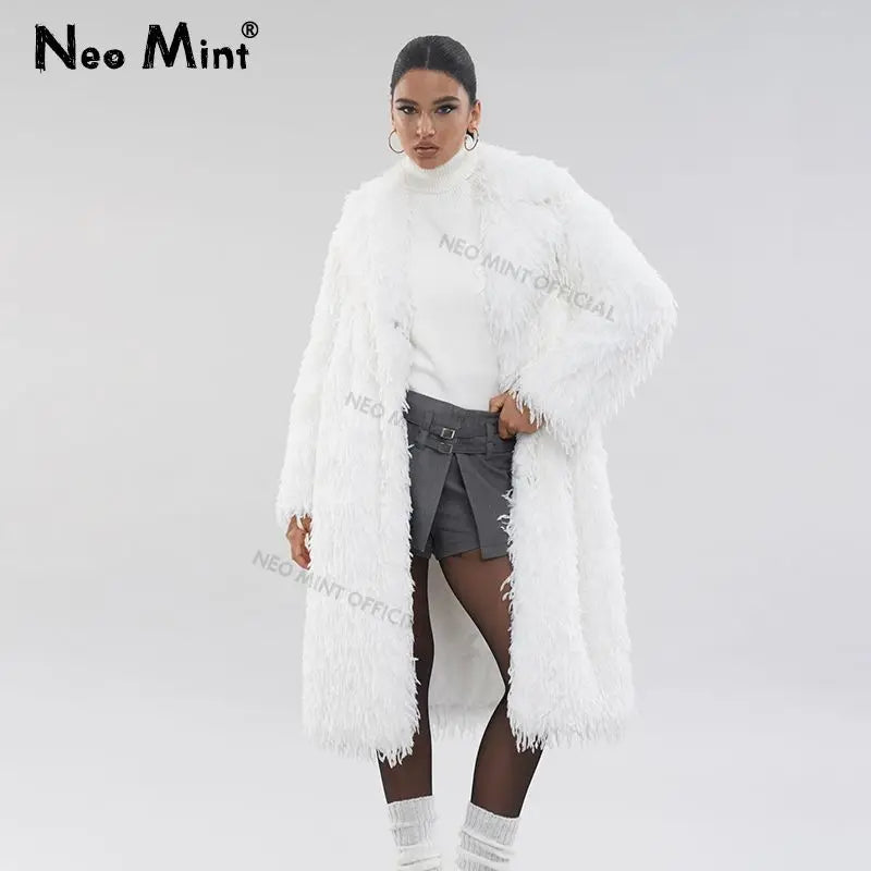 High Street Feathers Eco Fur Coat Women  Winter Lapel Faux Fox Fur Jacket Solid Long Fluffy Fur Overcoat Female