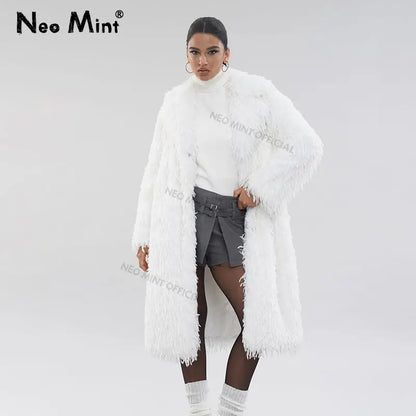High Street Feathers Eco Fur Coat Women  Winter Lapel Faux Fox Fur Jacket Solid Long Fluffy Fur Overcoat Female