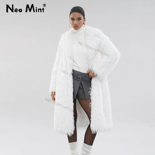 High Street Feathers Eco Fur Coat Women  Winter Lapel Faux Fox Fur Jacket Solid Long Fluffy Fur Overcoat Female