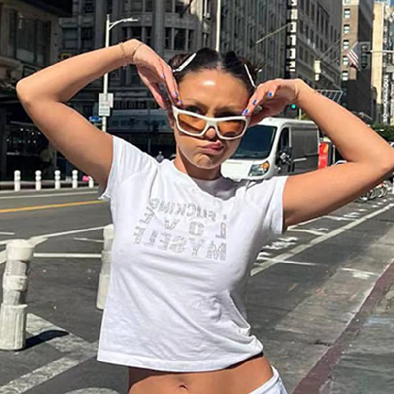 Summer European and American style short sleeved T-shirt with letter hot diamond top, t-shirt with slim fit inside for women