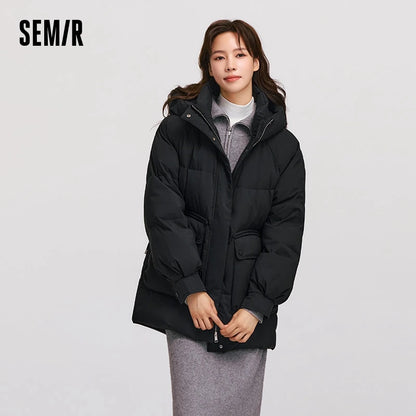Down Jacket Women Mid-Length Loose Raglan Sleeve Simple Warm Winter Three-Defense Hooded Coat