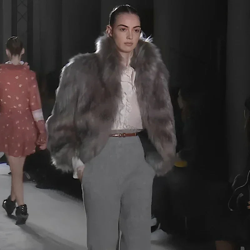 Luxury Brand Runway Fluffy Faux Fur Coat Women Luxurious Fox Fur Stand Collar Short Jacket  Winter Streetwear Overcoat