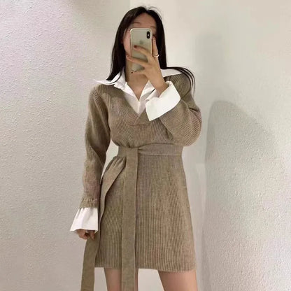Korean Chic Mini Dresses Women Turn-down Collar Long Sleeve Shirt Patchwork Autumn Winter Knitted Dress Casual Fashion Vestidos