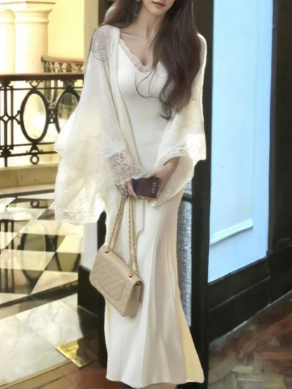 Women Elegant Knitted 2 Piece Set Lace Spliced Shawl Mermaid Dress Outfits Autumn Winter Sweater Party Clothes New