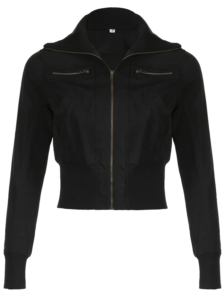 Korean Street Style Black Zip Up Turtleneck Slim Long Sleeve Bomber Jackets For Women  Autumn New Fashion Gothic Outwears